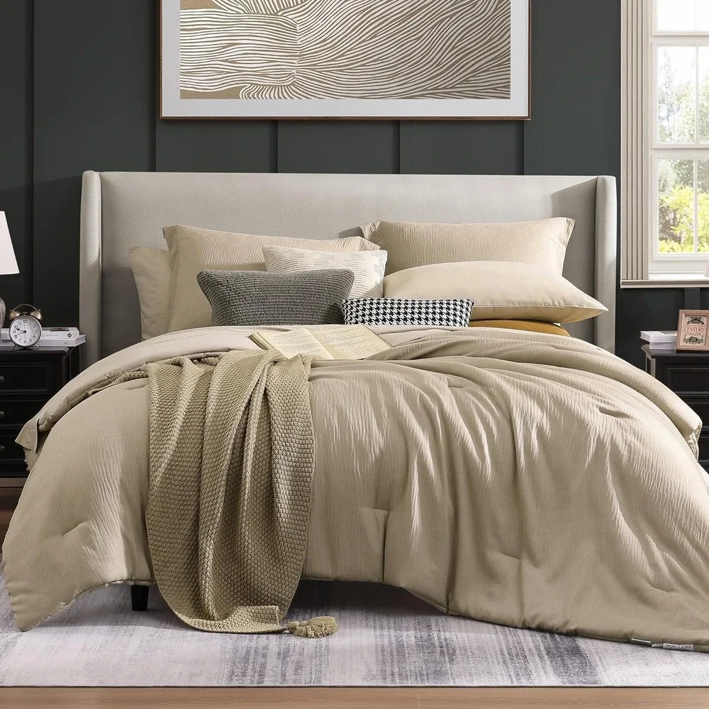 Queen Textured Comforter Set 3 Pieces Oatmeal Comforter + Pillowshams